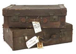 Two vintage canvas suitcases with leather trim,