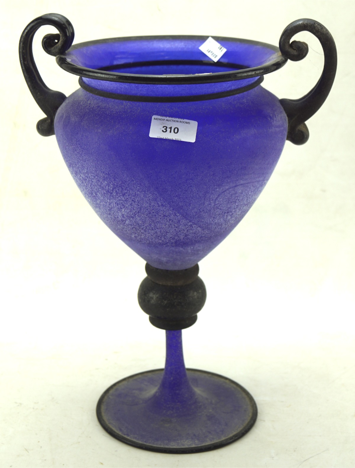 A vintage Murano glass blue vase, with twin handles, on pedestal base, by Gambaro & Poggi,