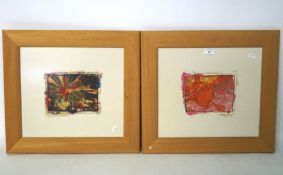 Pair of contemporary mixed media embroidered silk panels, each circa 18cm x 23cm,