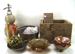 A collection of glassware, including carnival glass vases and dishes,