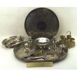A collection of silver plated items including two galleried trays, brushes, dishes,