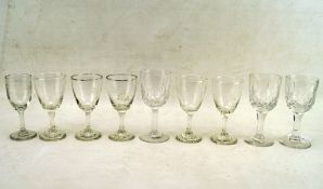 An assortment of liqueur drinking glasses, three with cut glass decoration,