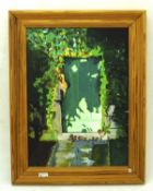 Oil on board of a green garden gate surrounded by foliage