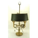 A large vintage brass library double stem lamp with adjustable painted metal shade,