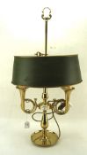 A large vintage brass library double stem lamp with adjustable painted metal shade,