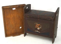 A leather bound log basket and a wooden tray, the stool with an internal compartment under the lid,