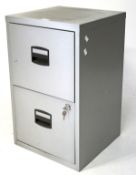 A grey metal two-drawer filing cabinet with key,