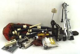 A 20th century set of bagpipes and a selection of musical related wares,