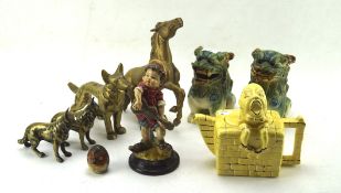 A selection of assorted metal and ceramic wares, including brass figures of dogs,