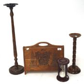 A selection of wooden wares including two ash tray stands, both with turned supports,