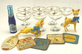 A collection of Babycham collectables including seven glasses, two deer figures,