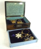 A 19th century coramndel mother of pearl inlaid sewing box and an assortment of costume jewellery