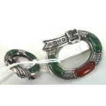 Two vintage Scottish silver brooches, each in the form of buckles with agate set details,