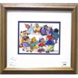 A vintage hand painted Noddy artwork showing characters from toy town, unknown artist,