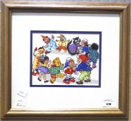 A vintage hand painted Noddy artwork showing characters from toy town, unknown artist,