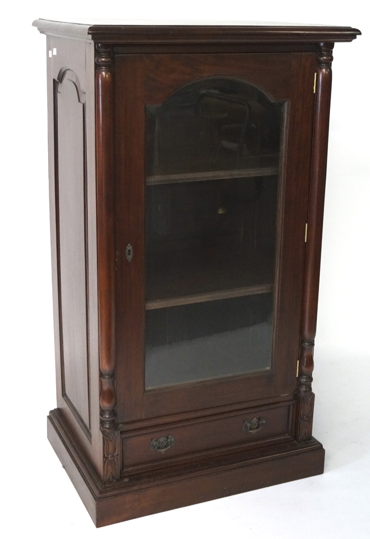 A modern high cabinet with single glazed door above a single drawer flanked by turned half columns,