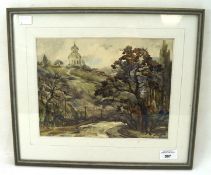 A watercolour of a road or river overlooked by a monument, illegible signature lower left,
