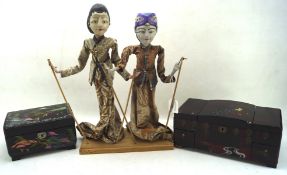 Two lacquered Japanese style jewellery boxes and a pair of theatrical Chinese puppets,