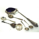 A selection of silver and white metal flatware and a silver plated pig pin cushion,