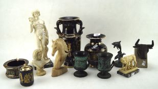 Assorted collectables, to include a bronzed bust of a bison, pair Greek ceramic urns,