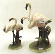 Two contemporary groups of Keramos porcelain flamingos, heights 31cm and 21.5cm