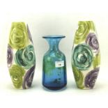 A pair of 1960's West German starlet vases and a blue Mdina glass vase,