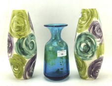 A pair of 1960's West German starlet vases and a blue Mdina glass vase,