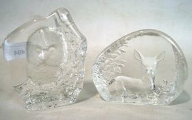 Two Mat Johanson etched glass paperweights, one depicting an owl, the other a deer,