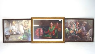 Three large pictures of Indian people, framed and glazed,