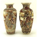 Two early 20th century Japanese Satsuma vases of slender form, decorated with scenes of courtiers,