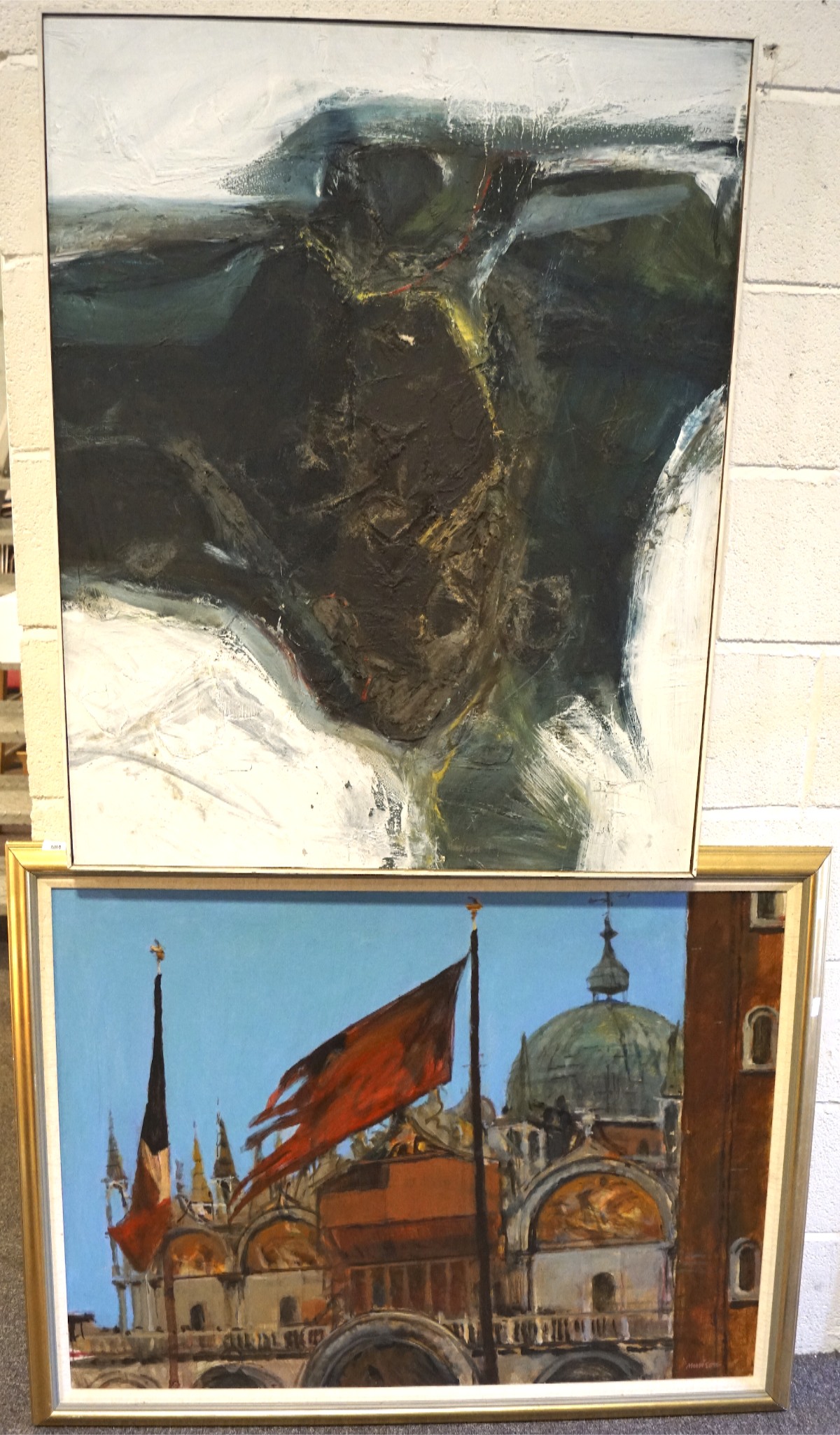 Two large contemporary oil paintings by Neil Murison, one depicting a palacial building,