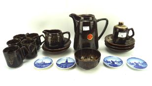 A Fosters studio pottery part tea service, including cups and saucers, jugs,