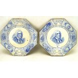 A pair of late 19th century blue and white John Wesley commemorative octagonal plates