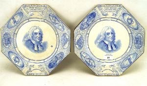 A pair of late 19th century blue and white John Wesley commemorative octagonal plates