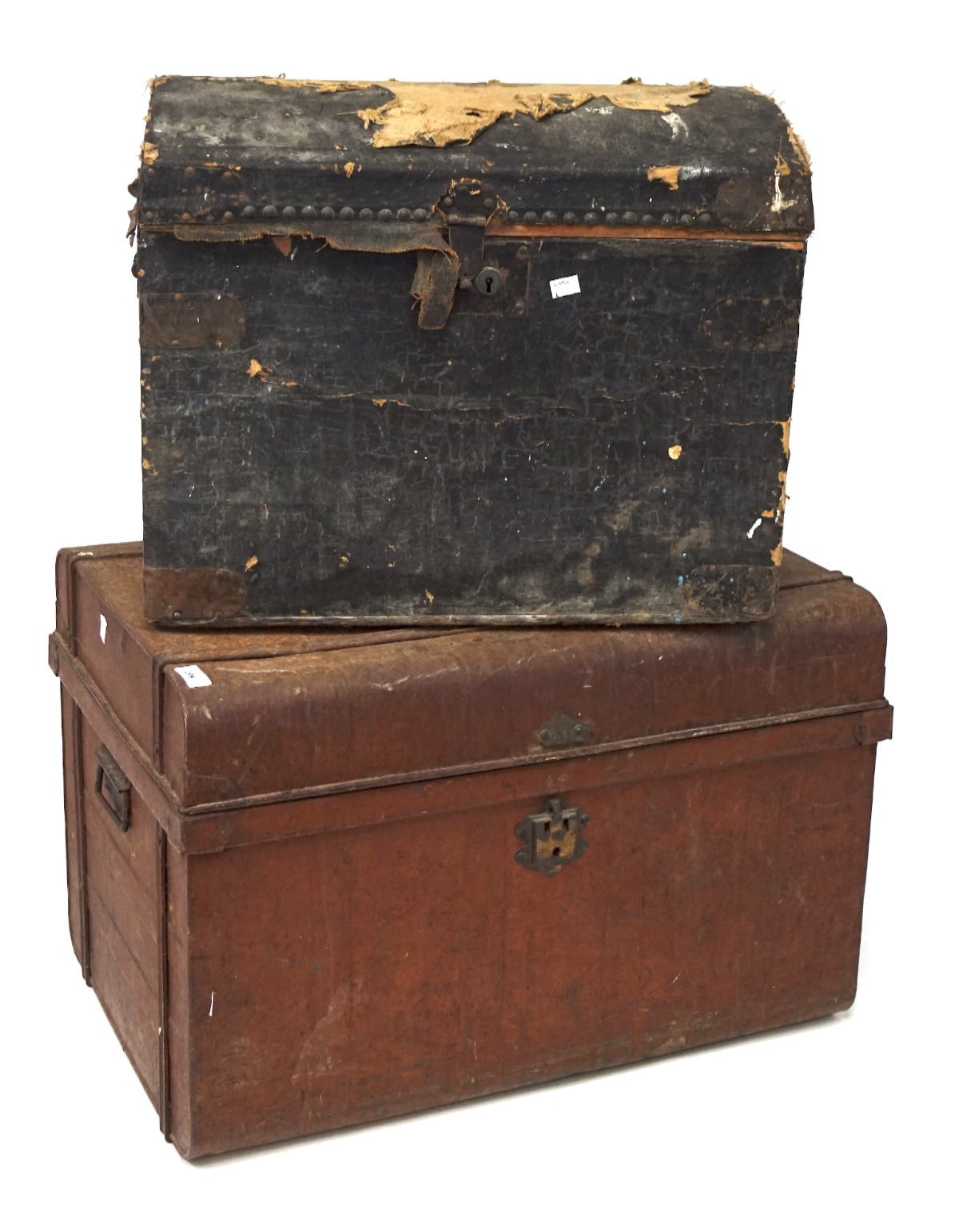 Two vintage trunks and a wooden box, one of metal structure, width 76cm, the other of domed form,