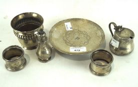 A selection of silver wares, to include a circular bon bon dish, two napkin rings,