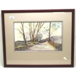 A modern watercolour landscape depicting a tree lined road, signed to bottom left S. Borghese