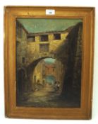 Oil on board painting of figures in a Mediterranean street, 40cm x 29cm,