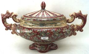 A large Italian Biagioli Gubbio two handled lidded tureen decorated with blue scrolls