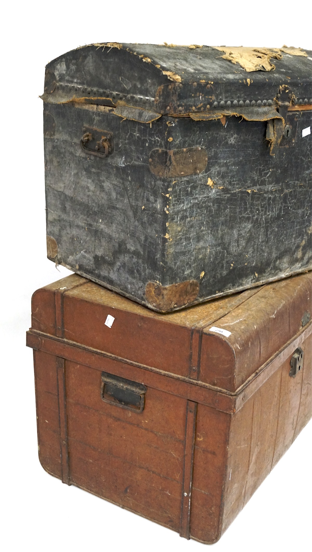 Two vintage trunks and a wooden box, one of metal structure, width 76cm, the other of domed form, - Image 2 of 2