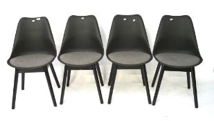 A set of four contemporary chairs, each being black with grey upholstered seats,