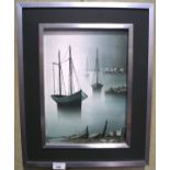 Gilbert Bria, a contemporary acrylic on canvas, depicting fishing boats by the coast, framed,