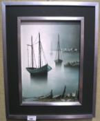 Gilbert Bria, a contemporary acrylic on canvas, depicting fishing boats by the coast, framed,