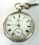 A open face silver pocket watch, white enamel dial with Roman numerals and a subsidary seconds dial,