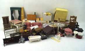 A collection of dolls house furniture, including a kit for a 'Tall Case Clock', drinking cans,