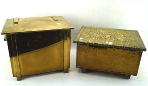 An Art Deco brass fire box and another embossed to the lid with figures around a table,