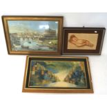 A group of three prints, two being landscapes, the other a reclining nude, all framed,
