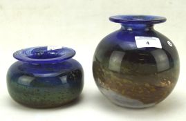 Two Art glass vases of bulbous shape with everted rim in shades of blue, green and brown,