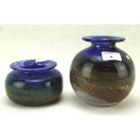 Two Art glass vases of bulbous shape with everted rim in shades of blue, green and brown,