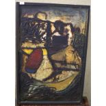 A large 20th century abstract oil painting, thickly painted depicting a coastal scene,